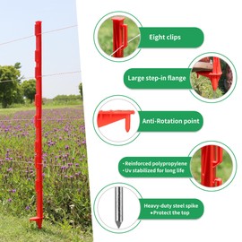 FENSMILE 48Inch Temporary Plastic Step-in Fence Post，Sturdy Electric Fence System Post for Garden and Farm (50 Pack),Red