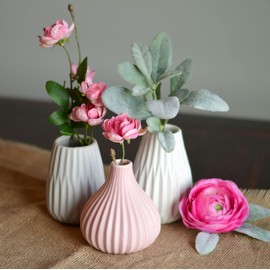Iconic Scandi Baby Vases, Set of 3, Fluted, Color Soaked Ballet Slipper Pink, Soft Grey and Dusty Rose, Matte Glaze, 4.25 Diameter x 4.25 Inches Tall, Modern Ho