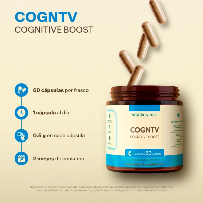 VitalBotanics COGNTV 60 Caps Nootrópico con Hongo Cordyceps, L-Tirosina, Vitaminas