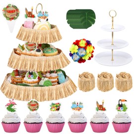 Willinglong 3 Tier Hawaiian Cupcake Stand Decorations Set Plastic Dessert Display 24 Luau Cupcake Toppers 12 Palm Leaves 12 Hibiscus Flowers Tropical Dessert Holder for Summer Birthday Luau Party