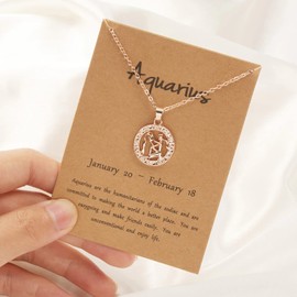 Rose Gold Star Sign Motif Pendant Chain Necklace - Aquarius (20th January - 18th February) - Zodiac Constellation Horoscope Celestial Astrology Jewellery - Women Men Gift