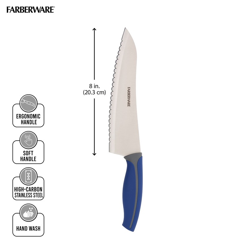 Farberware Soft Grip Serrated Chef Knife, 8-Inch, Navy