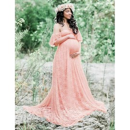 Women's Off Shoulder Ruffle Sleeve Lace Maternity Gown Maxi Photography Dress (Peach Pink, Small)