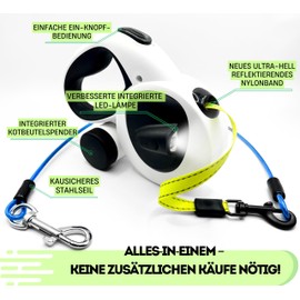 Snuggle Paws All-in-One Hundeleine – LED-Licht, Kotbeutelspender, Bissfestes Stahlkabel, Reflektierendes Band & Verhedderungsschutz