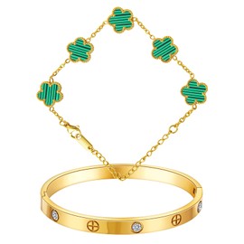 Gold Bracelets for Women-2Pcs 18K Gold Plated Friendship Love Cubic Zirconia Bracelets Stainless Steel Lucky Five Leaf Link Bracelets Dainty Bangle Stack Jewelry Set Gifts for Christmas Valentines