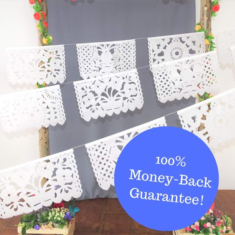 5 pk White Papel Picado, White Fiesta Banner, 60 ft