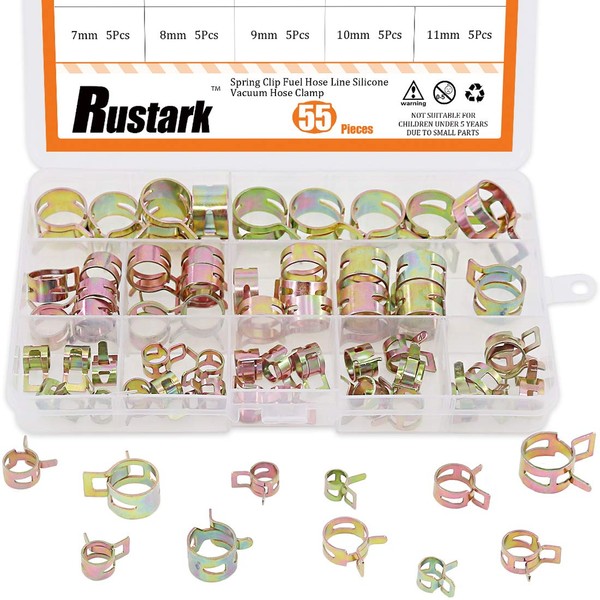 Rustark 55Pcs Spring Band Type Action Fuel Line Silicone Vacuum Hose Pipe Clamp Low Pressure Air Clip Clamps Fasteners Assortment Kit (5 x 7mm 8mm 9mm 10mm 11mm 12mm 13mm 14mm 15mm 16mm 17mm)