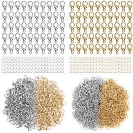 800+ Pieces Lobster Clasps and Open Jump Rings, 12 mm Lobster Claw Clasps Necklace Fasteners Hook and 5 mm Jump Rings for DIY Bracelet Necklace Jewelry Making (KC Gold, White K)