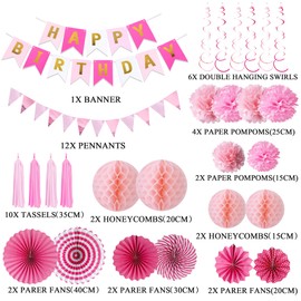 Pink Birthday Party Decorations Banner - 57 Pcs Paper Fan Pompoms Set with Pennants Bunting Hanging Swirls, Happy Birthday Banners Honeycomb Balls Decoration for Women Girls