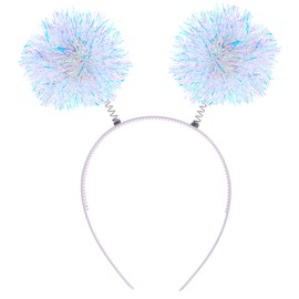 Molain Foil Strips Pom Pom Headband Glitter Tinsel Fashion Headband Fluffy Ball Hair Loop for Women Cosplay Party Birthday Hair Accessories(White)