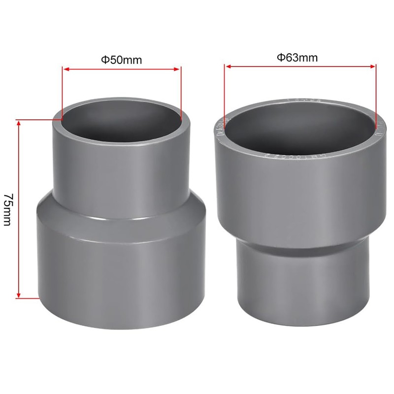 TOP-VIGOR 1Pcs PVC DWV Reducing Coupling, 50mm x 63mm Socket