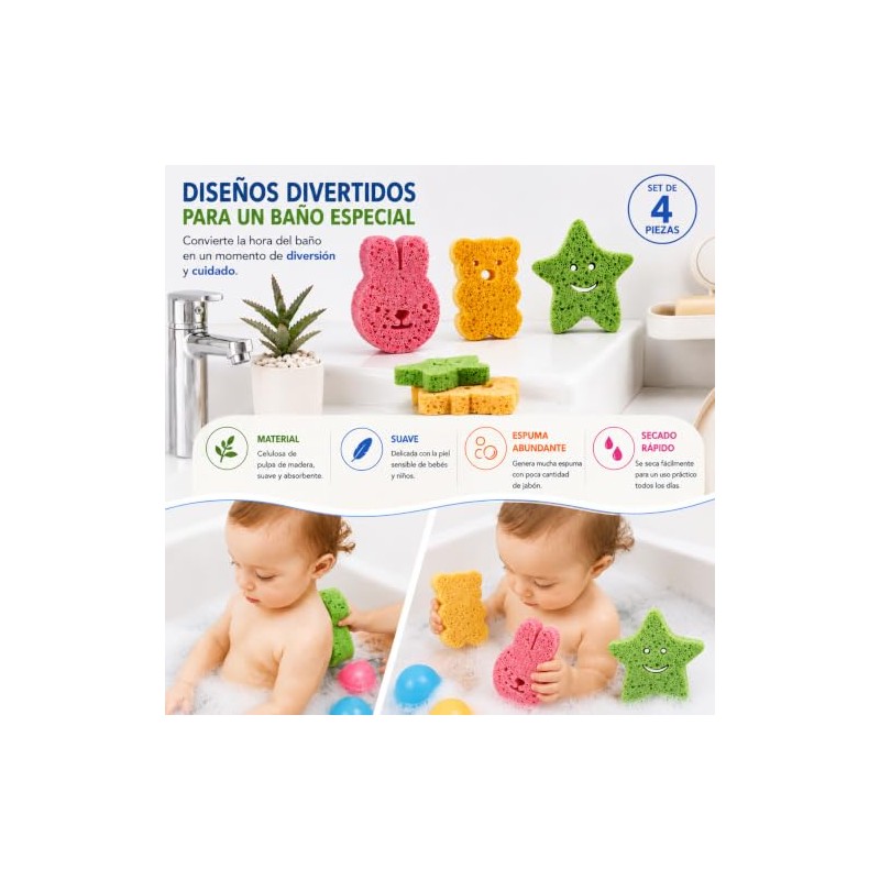 Esponjas de Baño para Bebé de Celulosa, Set de 4