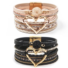 GZJINYUAN 2Pcs Boho Leather Wrap Bracelets,Gold Heart Shape Layered Bracelet with Clasp,Bohemian Bracelets Bangle Jewelry,Multilayer Stack Bracelets for Women Trendy