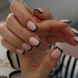 SXVME Uñas postizas cuadradas cortas con punta francesa verde oscuro para mujer, con pegamento, 15 tamaños (30 unidades), diseño realista, diseño clás