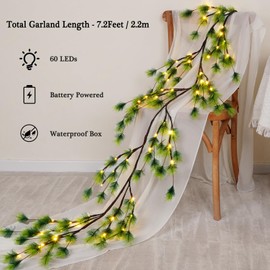 Waipfaru Christmas Decoration Indoor - 7.2FT Cedar Garland with Timer, Artificial Christmas Greenery Norfolk Pine Garland for Mantle Fireplace Mantel Outdoor Xmas Decor (Pine)