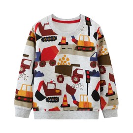 B&G-KID Autumn Spring Fashion 2-7 Years Children'S Causual Pullover Tops Excavator Patterned O Neck Long Sleeve Toddler Kids Baby Girl Sweatshirts. Gray