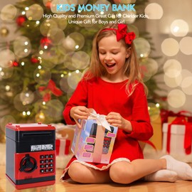 LittleStar Piggy Bank for Boys Girls, Kids Mini ATM Money Banks, Best Christmas Birthday Toy Gifts for Kids, Children Safe Coin Bills Cash Banks Money Saving Box with Password Code Lock - Black+Red