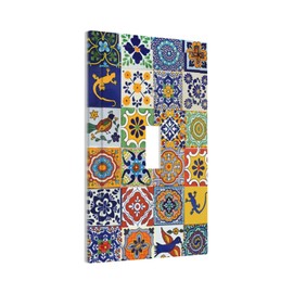 Matte Colorful Yellow/Blue Boho Moroccan Talavera Mexican Tile Mosaic 1 Gang Toggle Light Switch Cover One Gang Jumbo Size Electrical Single Toggle Switch Wall Plate Decorative Outlet Faceplates Cover