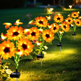 ANGMLN Solar Garden Lights 4 Pack Solar Swaying Bee Lights with Sunflowers, Gifts for Mom Women Mothers Day, Waterproof Firefly Flower Light for Outdoor Decor, Fall Decoration for Patio Yard Landscape