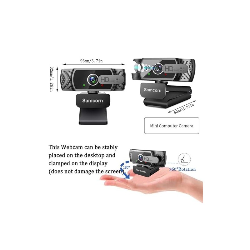 Samcorn Cámara Web con Micrófono 1080P HD USB, Transmisión en