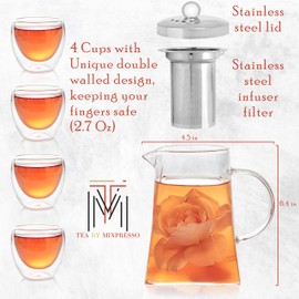 Mixpresso 5 Piece Glass Tea Pot Set, Kettle with Removable Infuser, Clear Glass Teapot 33oz With 4 Double Wall Cups 2.7oz Stovetop Safe Teapot For Loose Leaf Tea, Perfct As Tea Gift Sets.