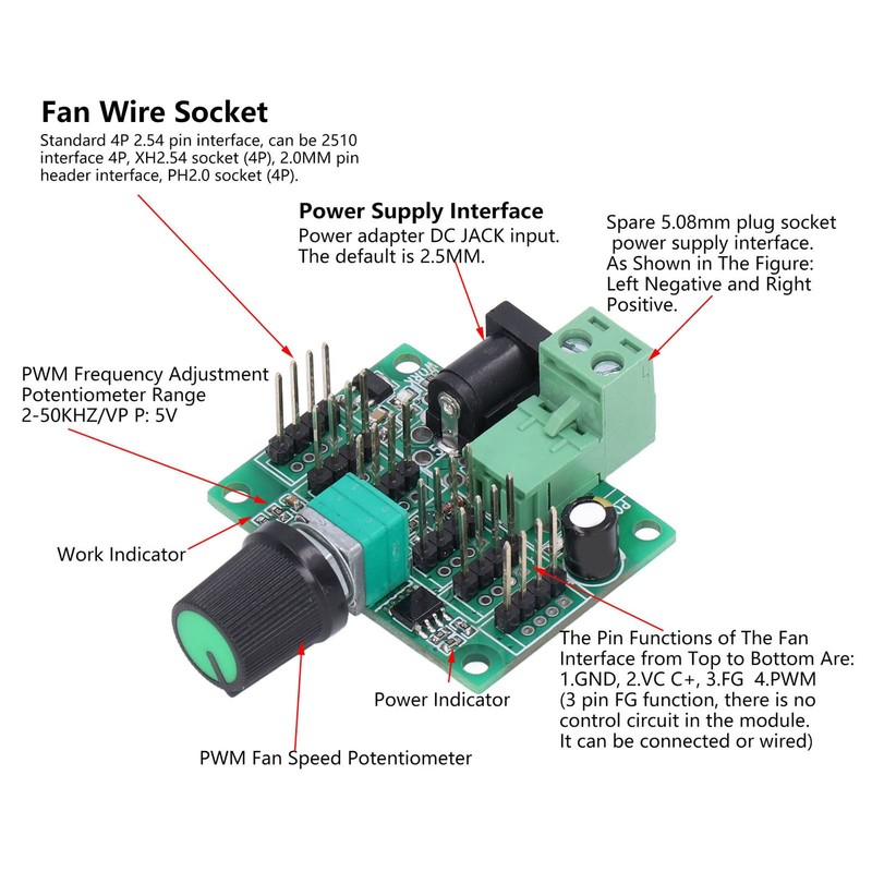 Kadimendium PWM Fan Controller FC-D012-P006 2K-50KHZ Adjustable 100W 3.2mm Installation