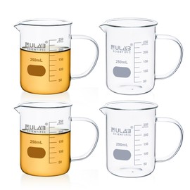ULAB Glass Beaker with Handle, Vol. 250ml, 3.3 Borosilicate Griffin Low Form with Printed Graduation,Pack of 4,UBG1073
