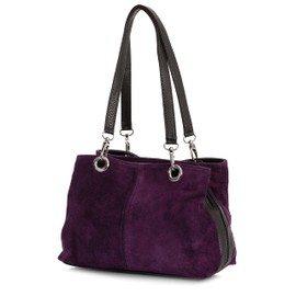 LiaTalia - Lush Italian Suede Womens Twin Handle Multi Zip Pockets Small Shoulder Bag - HOLLY (Purple)