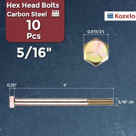 Kozelo 10 Pcs Hex Head Screws Bolts - [5/16"-24x4"] Carbon Steel Grade 5 Hex Tap Hexagon Head Screw Machine Bolt Right Hand External Hex Drive, Yellow