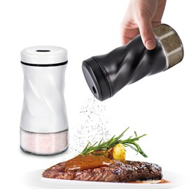 Farmhouse Salt and Pepper Shakers with Adjustable Pour Holes, Refillable Glass Salt Shaker with Stainless Steel Lids by NEODACO, Ideal for Himalayan, Kosher, and Black Pepper (Black & White)