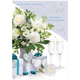 Words 'n' Wishes 25th Milestone Silver Anniversary Card - 25 Years - Floral Bouquet, Presents and Butterflies Embossed with Foil Details - Eco-Friendly