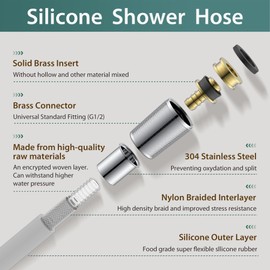 Silicone Shower Hose 59 Inches,Explosion Proof Anti WindingShower Head Hose, Used In Showerheads Spray Bidet Rv Outside Shower Hose Replacement With Brass Insert And Nut(59 InchesSilvery-Silicone)