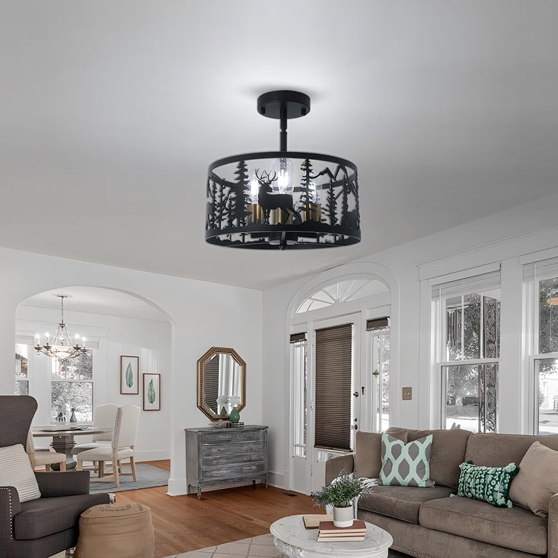 Sloped Rustic Semi Flush Mount Ceiling Light Fixture,3-Light Round E26