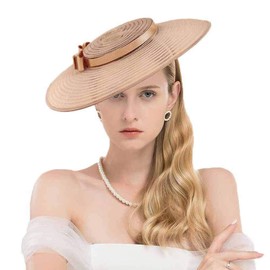 F FADVES Fascinators for Women Elegant Wide Brim Tea Party Church Wedding Hat Light Brown