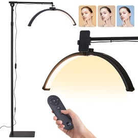 Half Moon Light - LED Floor Lamp for Lash and Eyelash Extensions, Tattoos, Estheticians, Office, Working, and Reading with Phone Holder - Cool/Warm Light, Adjustable Height & 360 Angle