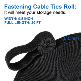 OneLeaf 20ft x 1/2inch Fastening Cable Ties Roll, Reusable Self-Gripping Strips, Double Sided Hook and Loop Tape Cable Management, Cut to Length Straps, Black Heavy Duty Wire Management