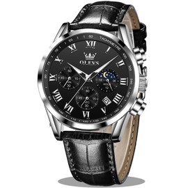 OLEVS Leather Watches for Men Casual Luxury Big Face Moon Phase Quartz Mens Black Watch Fashion Elegant Analog Relojes para Hombres Waterproof Chronograph Men's Wrist Watches Date Classic Men's Watch