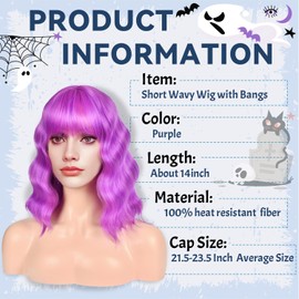 HairOccult Purple Wig with Bangs for White Women Shoulder Length Dark Purple Wigs Loose Curly Synthetic Wigs for Cosplay Costume Party Colorful Bob Wig for Girl