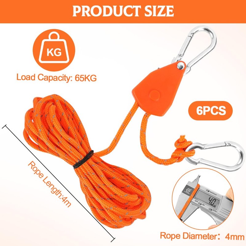 NUTKIT 6PCS Tent Guy Ropes, 4mm Ratchet Guy Ropes with