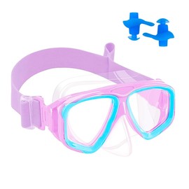 XFSRG Swimming goggles for children from 3 to 14 years with nose protection, waterproof earplugs and soft fabric strap as anti-fog for swimming and playing in the water (purple)