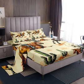 Manfei Western Cowboy Kids Sheet Twin Size,Tropical Cactus Desert Bedding Set,Boys Girls Room Decor,Horse Animal Rustic Farmhouse Brown Green Retro Bed Sheet Set 3pcs(Fitted + Flat + 1 Pillowcase)