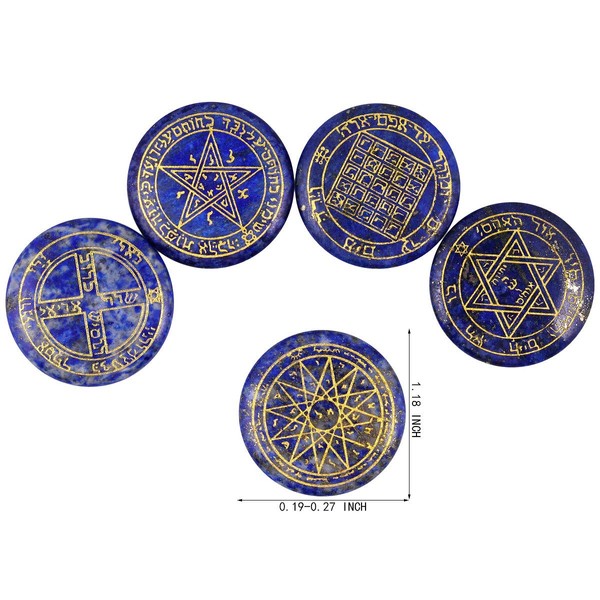mookaitedecor Lapis Lazuli Witches Runes Set of 5, Healing Crystal Stone with Engraved Solomon Symbol for Meditation Divination