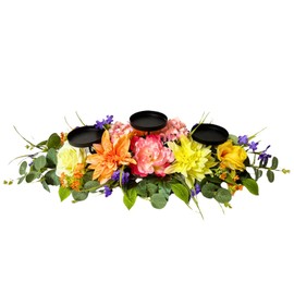 Svndlyn Candle Holders Spring Summer Centerpiece,3 Wick Candle Holder with Dahlia Pinnata Peonies and Roses for Spring Decor,Easter Centerpiece Table Decor,Indoor Home Decor,Desktop Decor