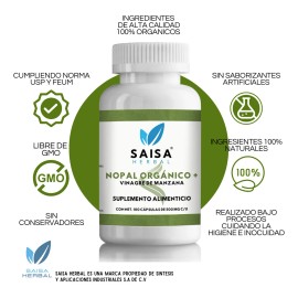 Nopal Orgnico  Vinagre De Manzana  100 Cpsulas 500 Mg  Saisa Herbal  Control De Peso y Colesterol  Digestin Saludable  100 Natural                    