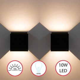Modern Wall Sconce LED Waterproof Wall Lamp Aluminum with Adjustable Beam 10-Watt 4000K Cool White Indoor Outdoor for Bathroom Bedroom Corridor Living Room Stairs and Garden, Black Set of 2