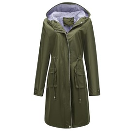 Homgro Women's Hooded Rain Jacket Long Waterproof Raincoat Ladies Fashion Casual Full Zip Anorak Spring Fall Jackets Knee Length Midi Windbreaker Pockets Army Green Small
