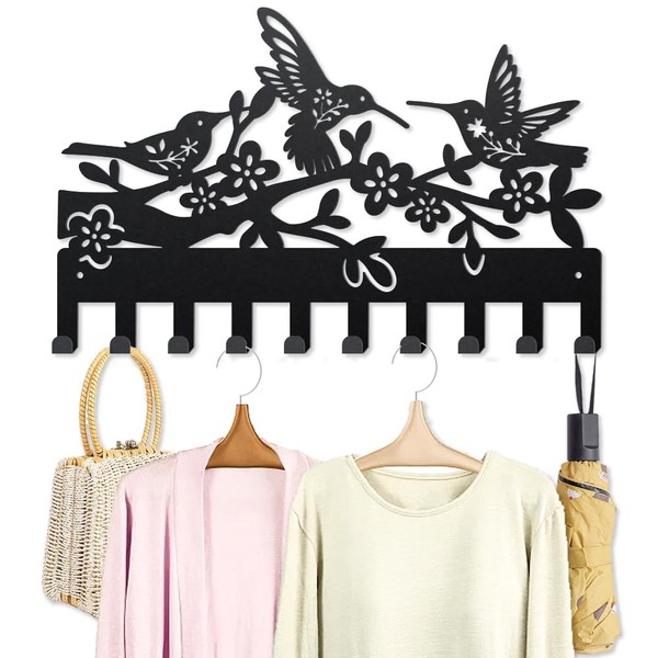 MAYJOYDIY Metal Hummingbird Flower Coat Rack Wall Mount Bird Tree
