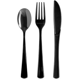 Exquisite 150 Pack Black Plastic Utensils Heavy Duty Cutlery Set 50 Plastic Forks 50 Plastic Spoons 50 Plastic Knives Perfect Plastic Silverware Party Pack Set for all occasions