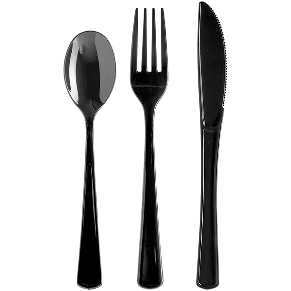 Exquisite 150 Pack Black Plastic Utensils Heavy Duty Cutlery Set 50 Plastic Forks 50 Plastic Spoons 50 Plastic Knives Perfect Plastic Silverware Party Pack Set for all occasions