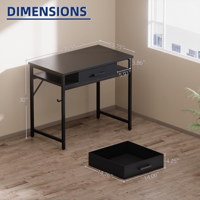 Pamray 32 Inch Small Computer Desk with Drawers for Bedroom
